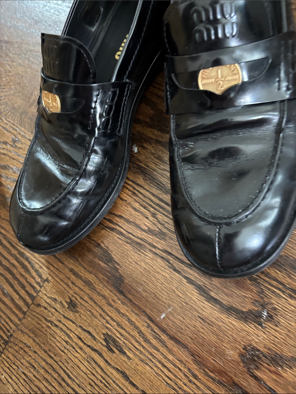 Miu Miu Black Leather Penny Loafers with Gold Accent - Picture 12 of 12